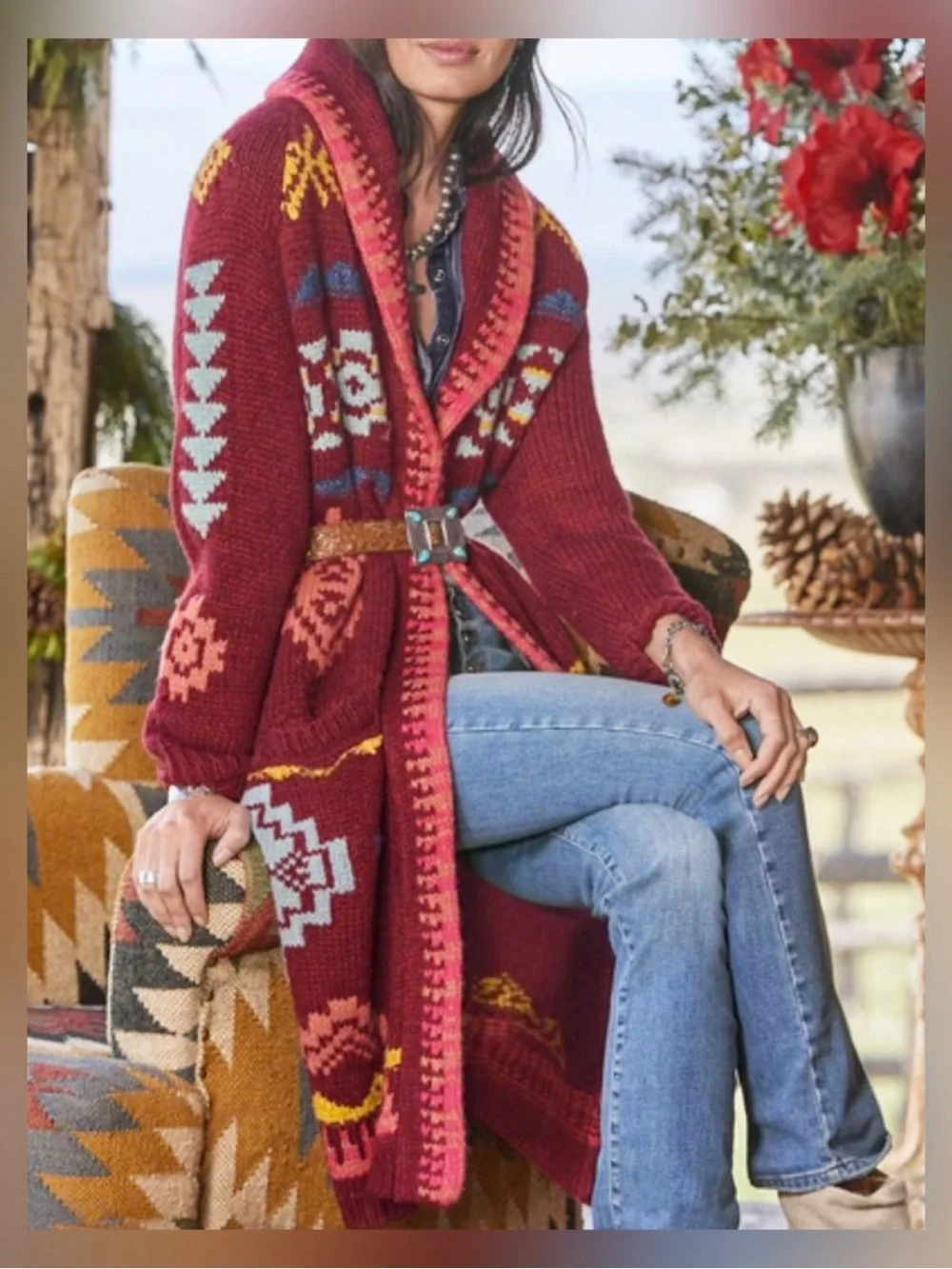 Rare Sundance Tayen Sweater Coat Cozy Burgundy Boho Patterned Size LP